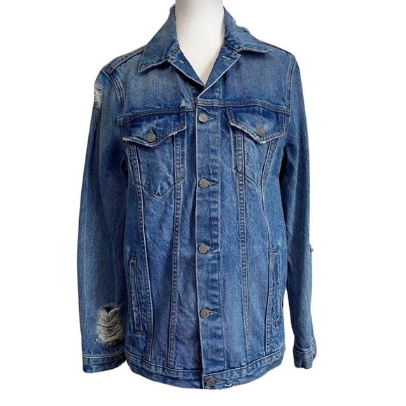 NWOT GRLFRND DARIA MEDIUM DENIM OVERSIZED DISTRESSED JEANS JACKET - M - Picture 1 of 13